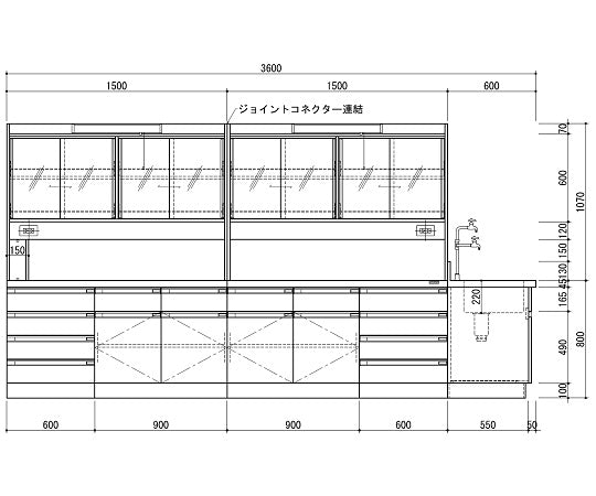 中央実験台 木製ホワイトタイプ・ケコミ型・側面流し台・試薬棚付き 3600×1200×800/1870 SAN-3612EGW 3-3871-04