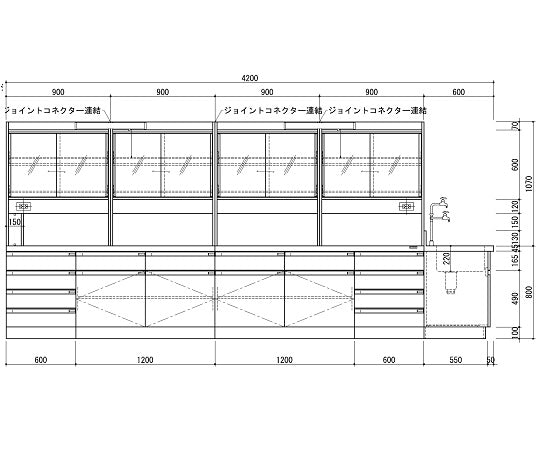 中央実験台 木製ホワイトタイプ・ケコミ型・側面流し台・試薬棚付き 4200×1200×800/1870 SAN-4212EGW 3-3871-05