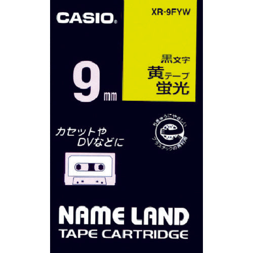 カシオ ネームランド用蛍光黄色テープに黒文字9mm XR-9FYW 803-6705