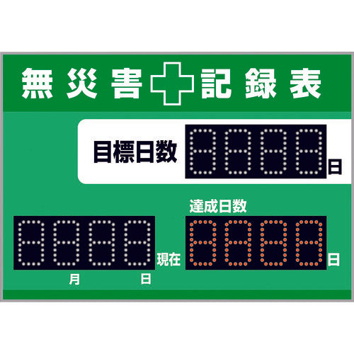 緑十字 LED無災害記録表 LED色:白/赤 自動カウントUP+カレンダー機能搭載 軽量・薄型タイプ 記録-1200D 598×845mm 厚さ20mm 屋内専用 229012 202-3170