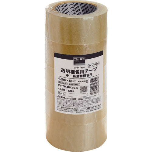 TRUSCO 透明梱包用テープ 中・軽量物梱包用 48mmX50m 5巻入 OPTM48X50-5 207-2067